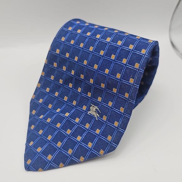 Vintage Burberrys of London Tie Mens Jacquard Foulard Blue Gold Silk 59.4" USA - Picture 2 of 8